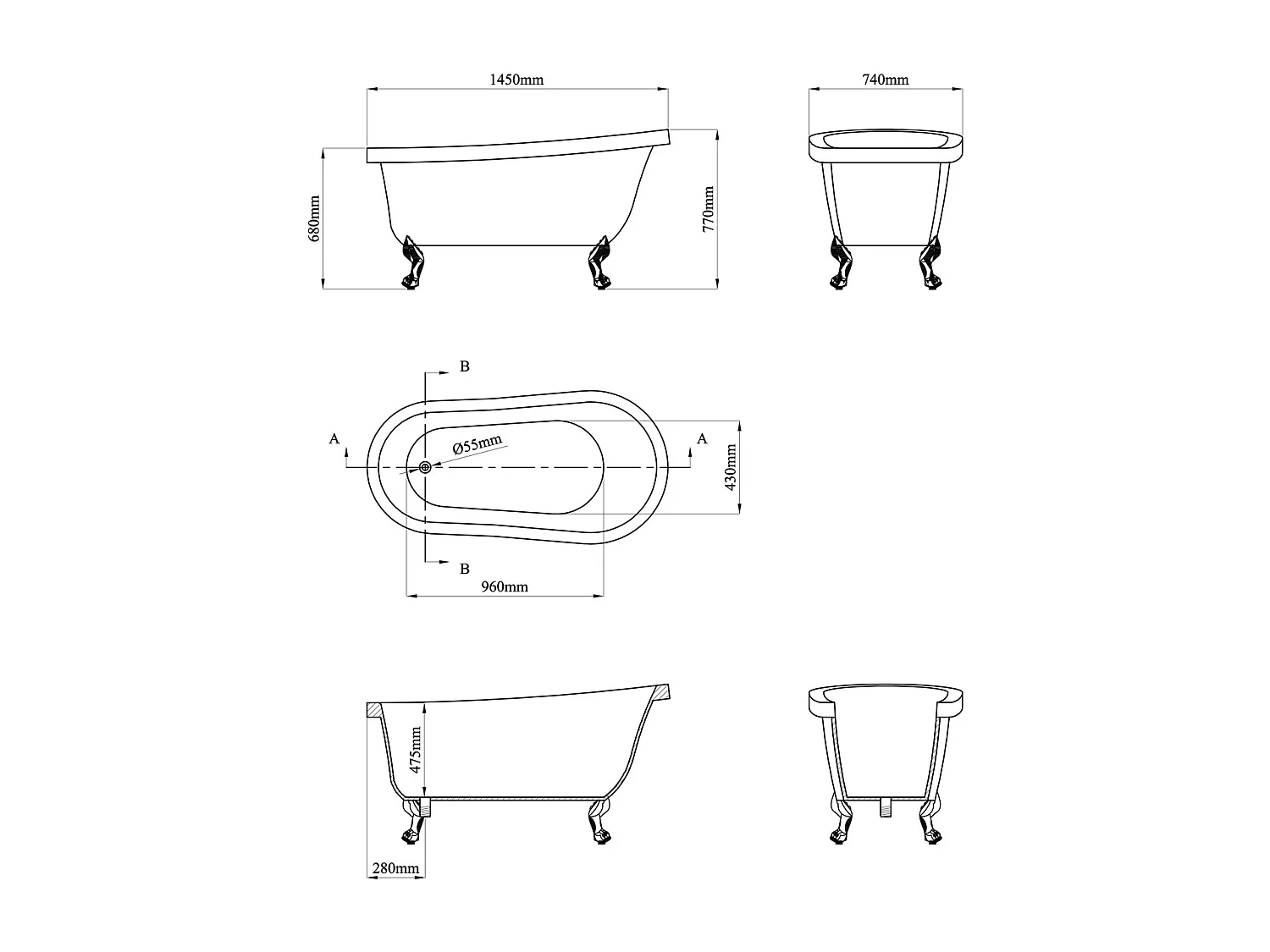 Bañera exenta retro con patas de león blancas - 200 L - 145 x 74 x 77 cm - Azul - NISOS II