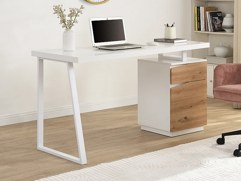 Bureau 1 tiroir et 1 porte - MDF et acier - Coloris : Naturel et blanc - GOTAMA