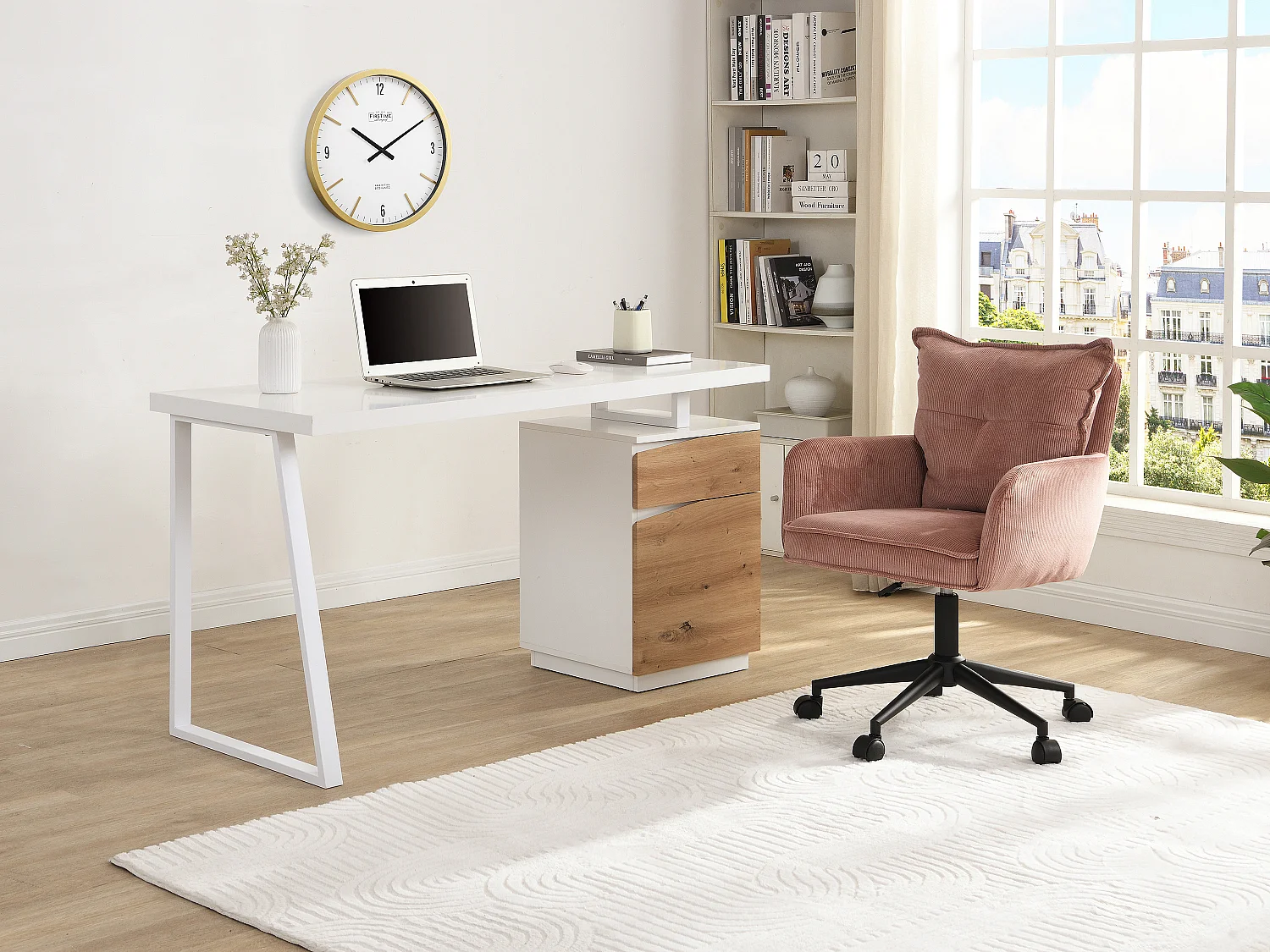 Bureau 1 tiroir et 1 porte - MDF et acier - Coloris : Naturel et blanc - GOTAMA