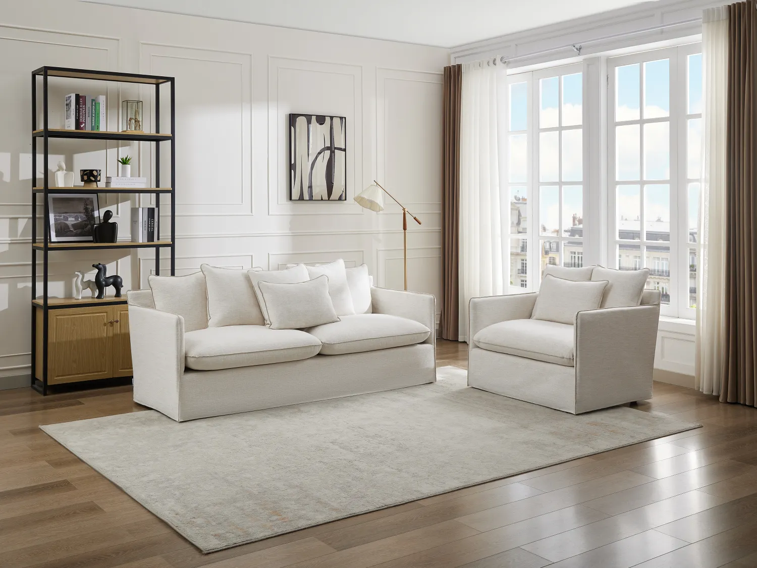 Canapé 3 places et fauteuil en lin et tissu chiné blanc MASLINO de Maison Céphy