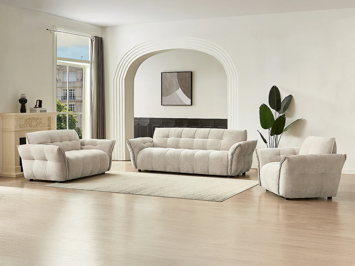 Canapé 3 places, 2 places et fauteuil en tissu chiné beige NAPIZO