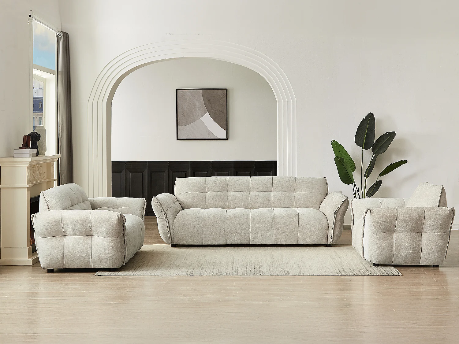 3-sits soffa, 2-sits soffa och fåtölj i melerat beige tyg NAPIZO