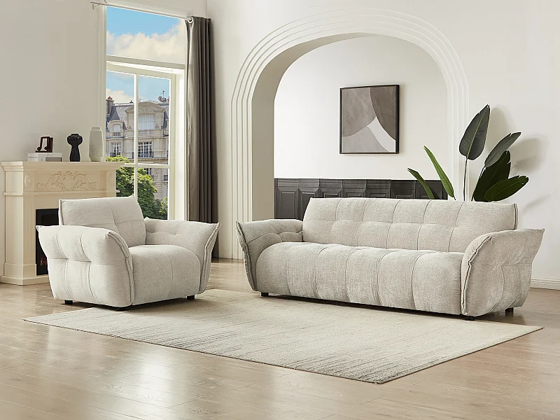 Canapé 3 places et fauteuil en tissu chiné beige NAPIZO