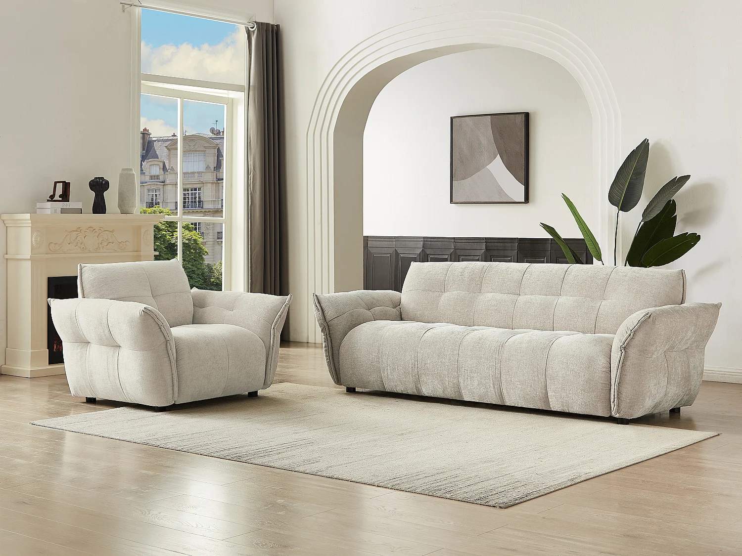 Sofa 3-seter og lenestol i beige melert stoff NAPIZO