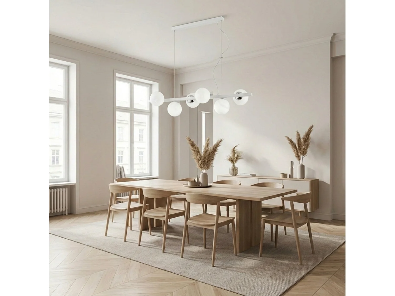Adrian Suspension lamp in white lacquered iron and chrome 6 lights L.101 x 30 BL278-6-BCO