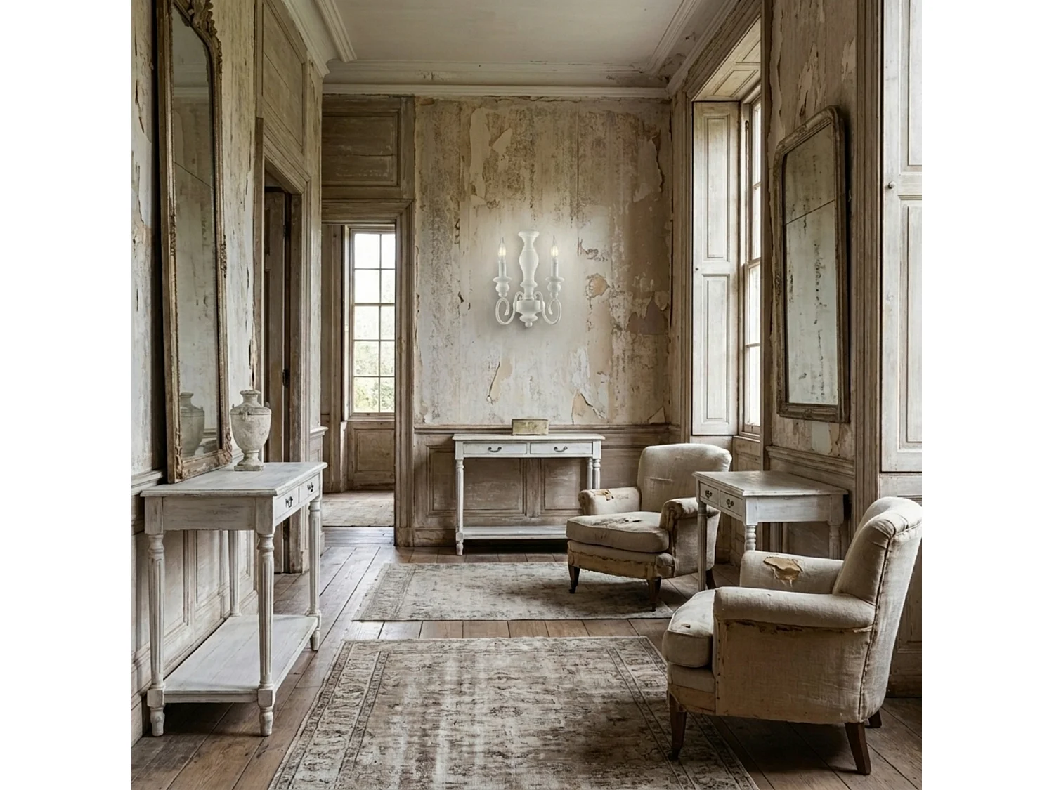 Cascina Applique en bois et fer laqué blanc shabby 2 lumières .25 P.18 BL265-AP2-BCO