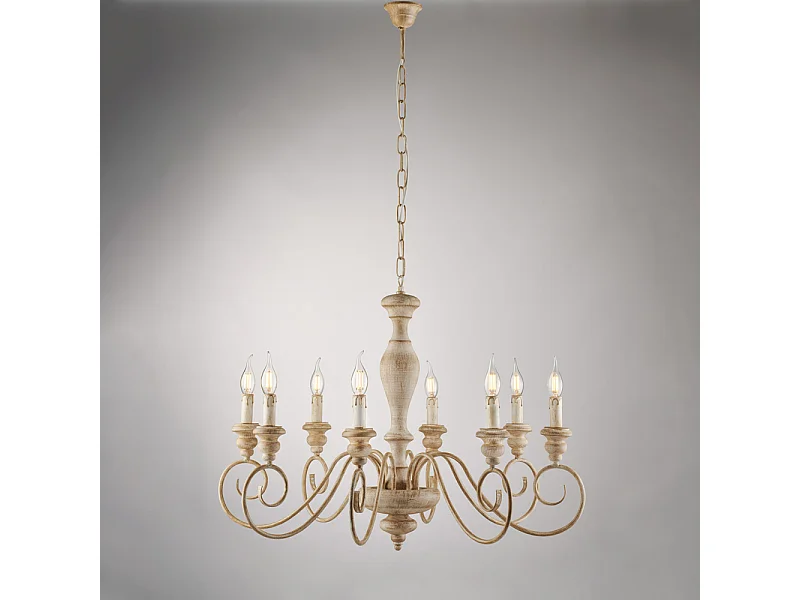 Cascina Lustre en bois et fer blanc et tourterelle 8 lumières 121 d.82 BL265-8-BT