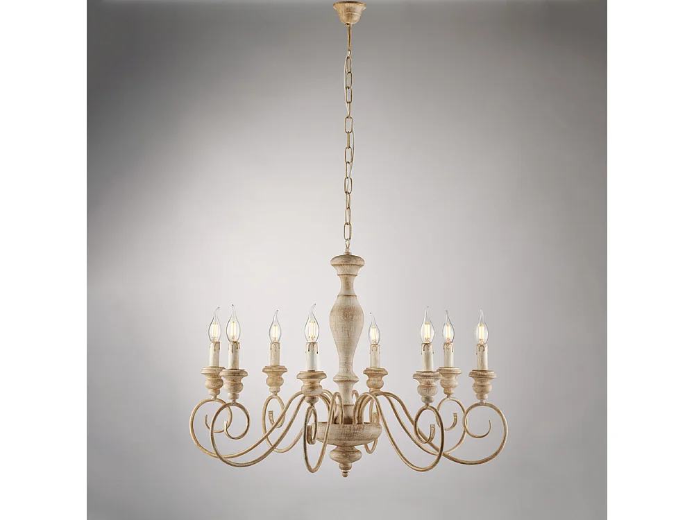 Cascina Lustre en bois et fer blanc et tourterelle 8 lumières 121 d.82 BL265-8-BT