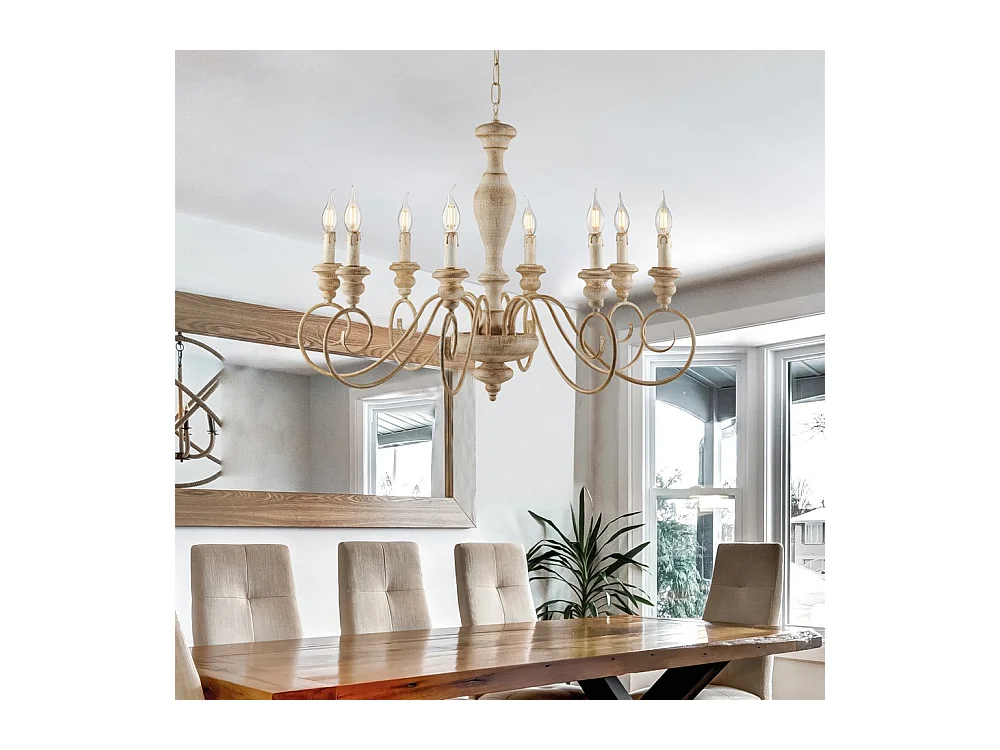 Cascina Lustre en bois et fer blanc et tourterelle 8 lumières 121 d.82 BL265-8-BT