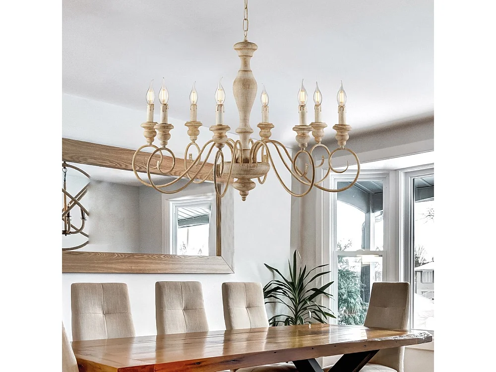 Cascina Lustre en bois et fer blanc et tourterelle 8 lumières 121 d.82 BL265-8-BT