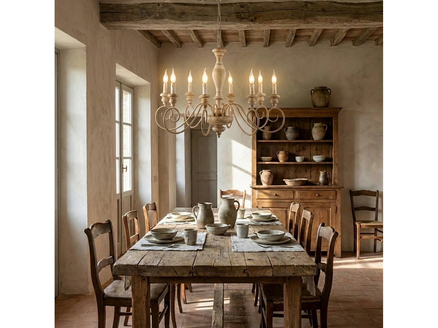 Cascina - Kronleuchter aus weißem und taubengrauem Holz und Eisen, 8 Lichter, 121 - Ø82 - BL265-8-BT