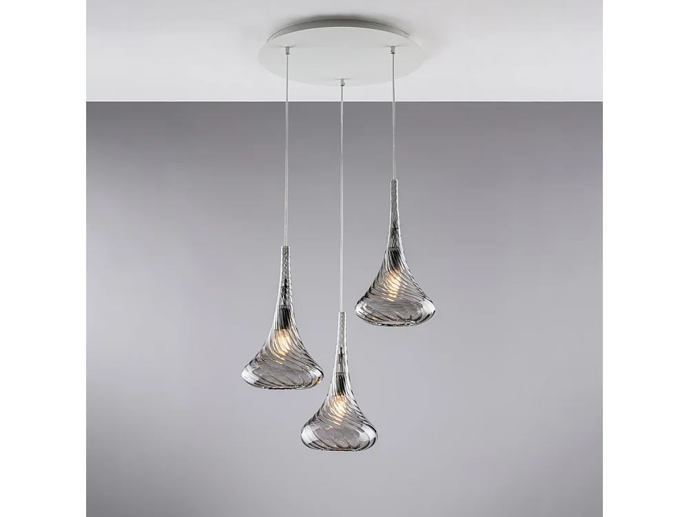 Lampa wisząca Nemesi z żelaza z szarym szkłem Pyrex 3 światła 141 Ø50 BL280-S3-GR