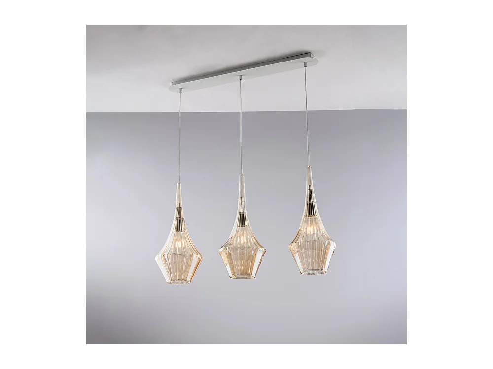 Zeus Binario in ferro con vetri ambra pyrex 3 luci L.75 X 10 BL270-BIN3-AM