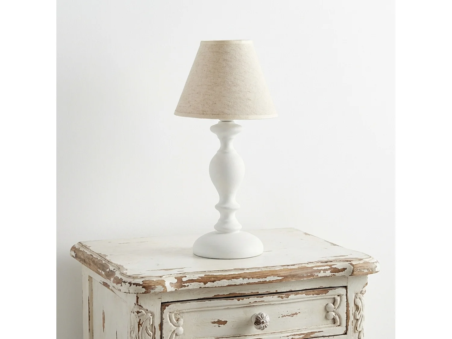 Cascina Lumetto in legno bianco shabby 1 luce con paralume dm.20 H.40 Ø20 BL265-LT-BCO