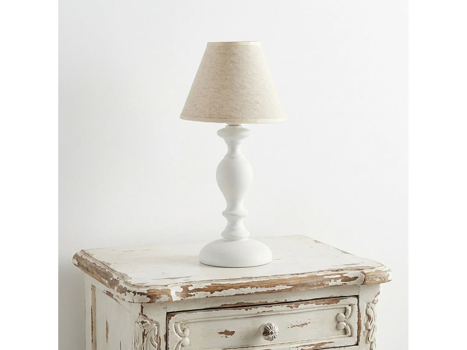 Candeeiro de mesa Cascina Shabby White em madeira, 1 luz com abajur Dm.20 A.40 Ø20 BL265-LT-BCO