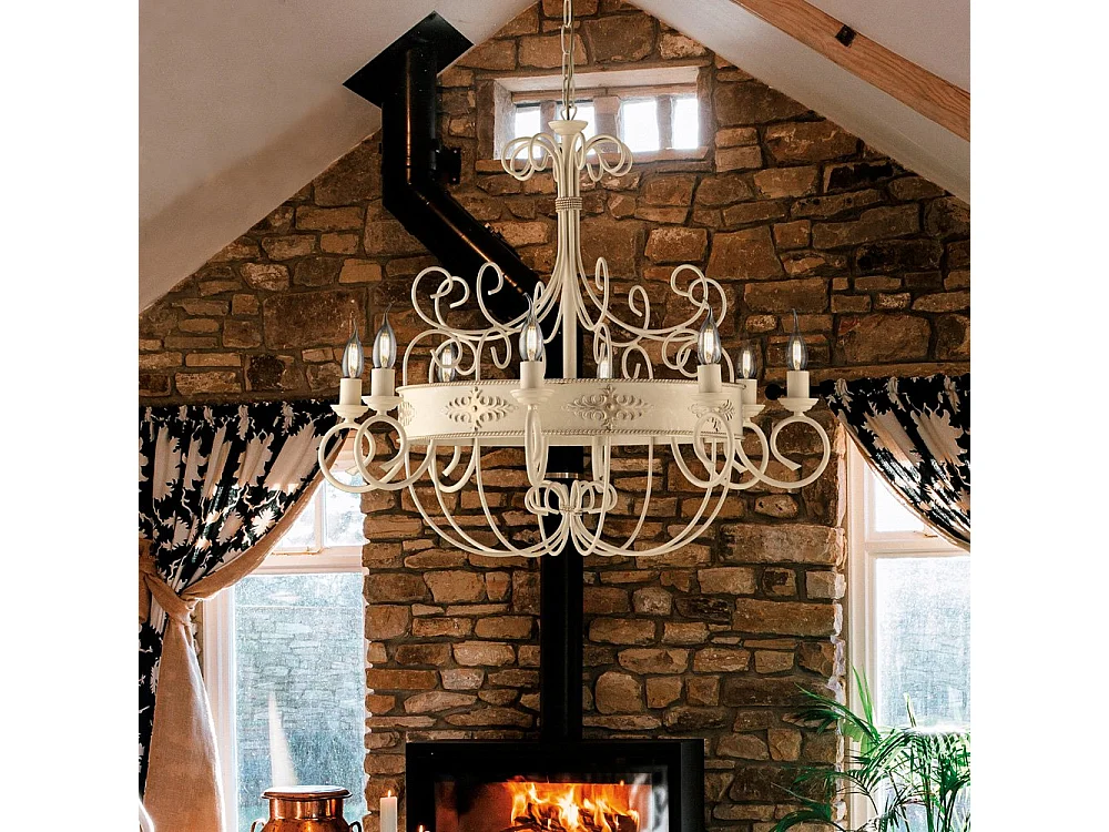 Lámpara de araña Baltimora en hierro lacado marfil decapado 8 luces 126 Ø76 BL183-8-AV