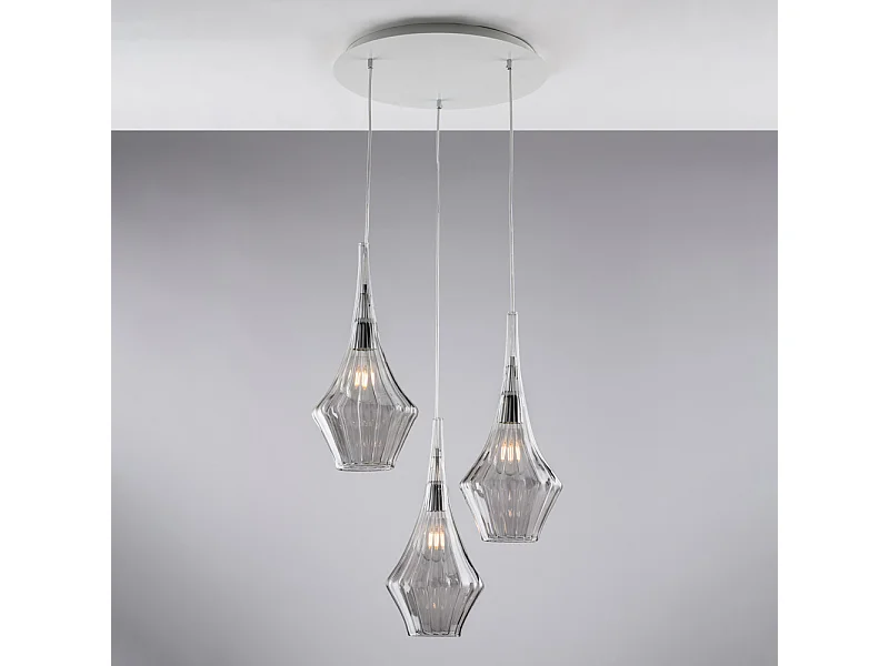 Lámpara colgante Zeus de hierro con cristal pyrex gris, 3 luces, 149 Ø50, BL270-S3-GR