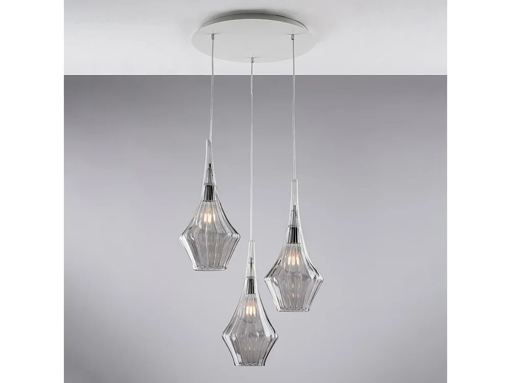 Zeus Suspension en fer avec verre gris pyrex 3 lumières 149 d.50 BL270-S3-GR