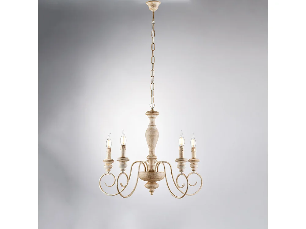 Cascina - Kronleuchter aus weißem und taubengrauem Holz und Eisen, 5 Lichter, 115 - Ø60 - BL265-5-BT