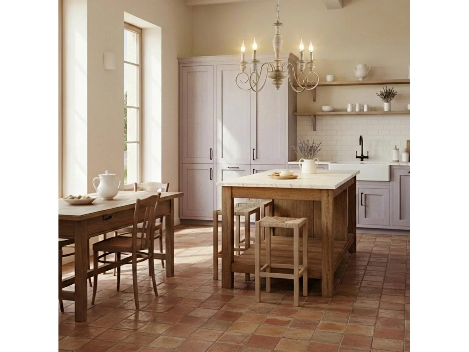 Cascina - Kronleuchter aus weißem und taubengrauem Holz und Eisen, 5 Lichter, 115 - Ø60 - BL265-5-BT