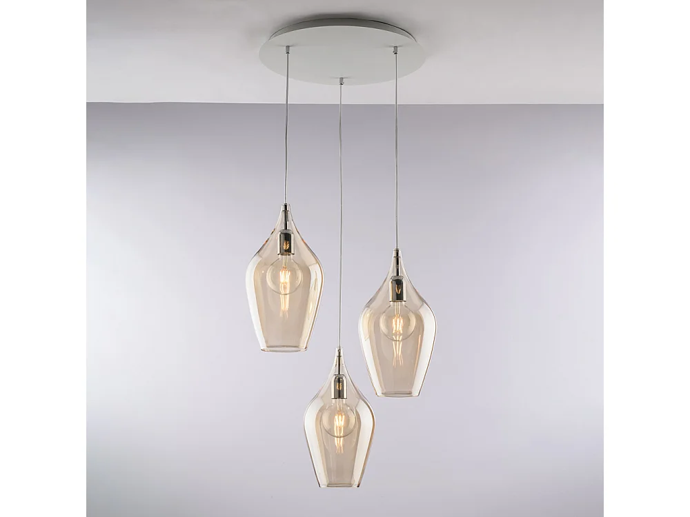 Ares Sospensione in ferro con vetri ambra pyrex 3 luci 141 Ø50 BL273-S3-AM
