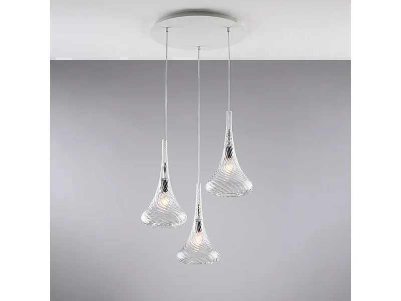 Nemesi - IJzeren ophanging met transparant pyrex glas 3 lichts 141 - Ø50 - BL280-S3-TR