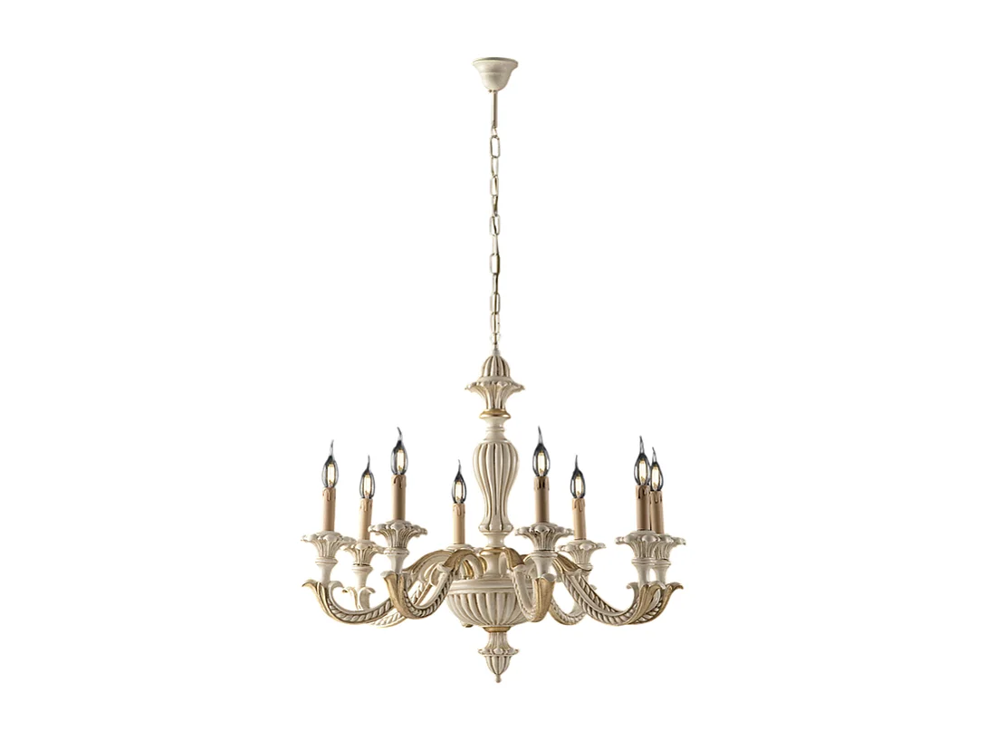 Żyrandol Leonardo z drewna w kolorze kości słoniowej i płatków złota, 6 świateł, 130 Ø74 BL180-6-AV