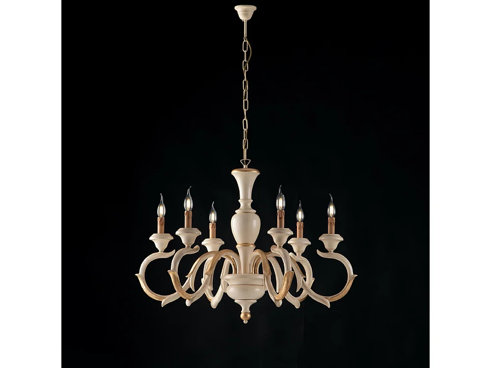 Lampadario Shabby Chic Fiorenza Legno Avorio Oro 6 Luci E14