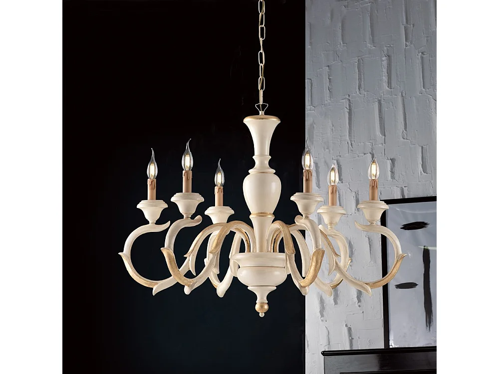 Lampadario Shabby Chic Fiorenza Legno Avorio Oro 6 Luci E14