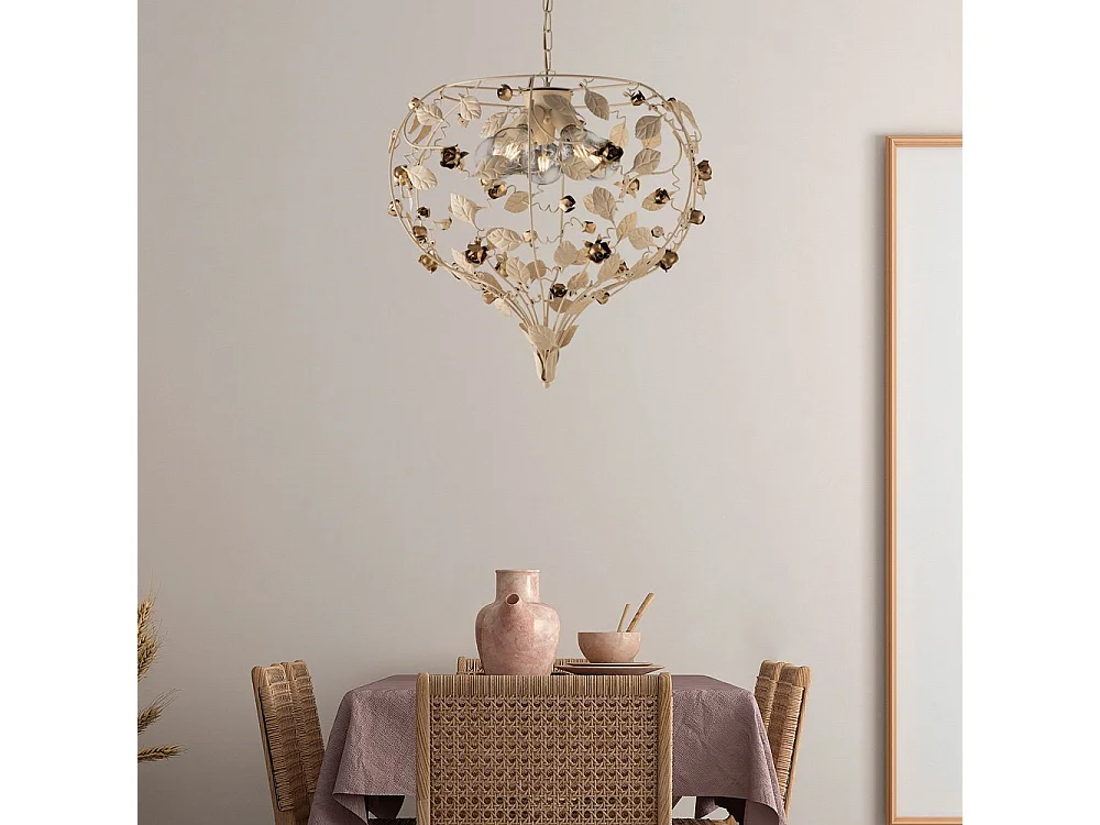 Piękny, lakierowany na kolor kości słoniowej, żelazny żyrandol z 5 lampami, 125 cm x 68 cm, BL196-5-AV