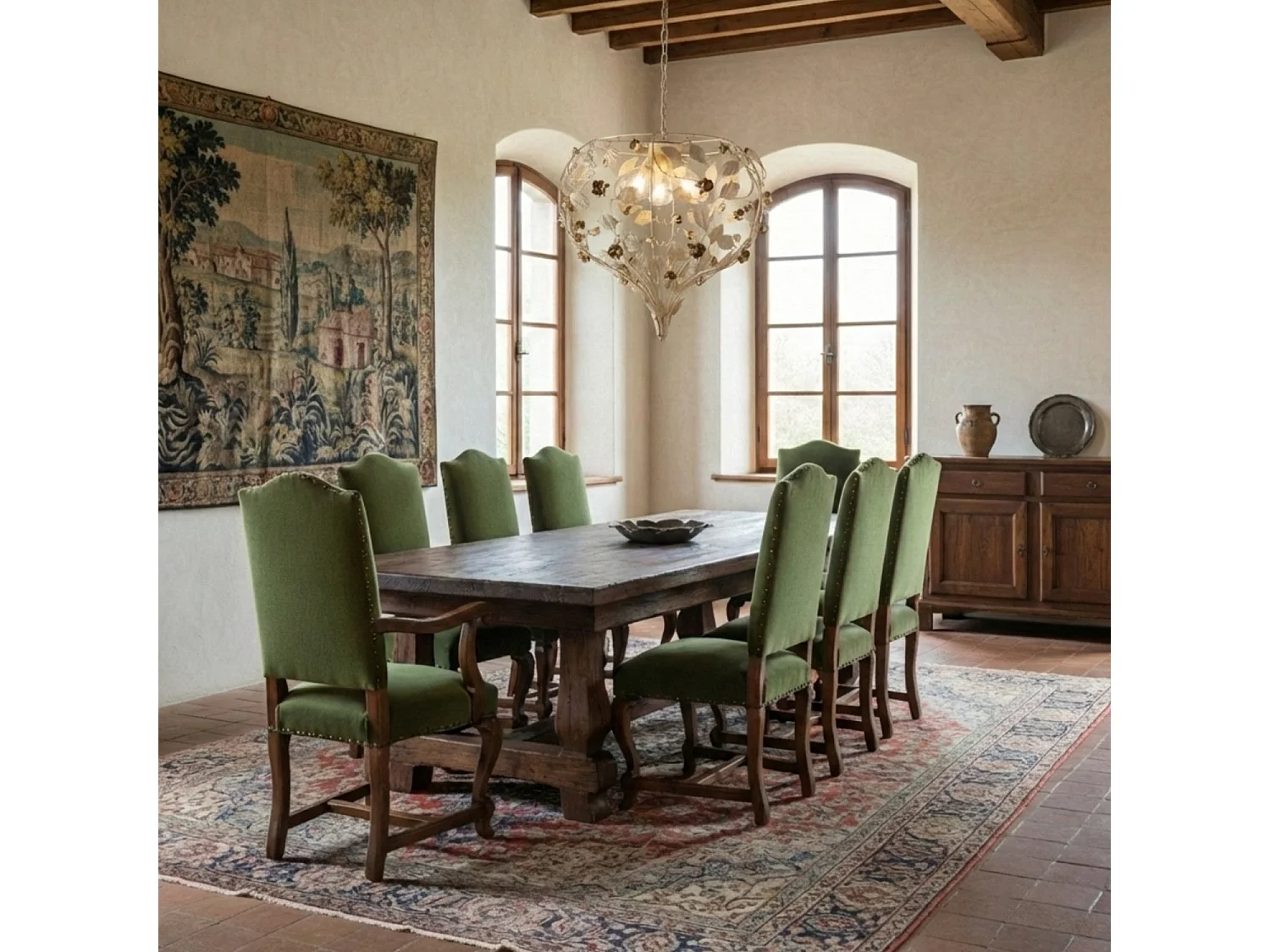 Piękny, lakierowany na kolor kości słoniowej, żelazny żyrandol z 5 lampami, 125 cm x 68 cm, BL196-5-AV