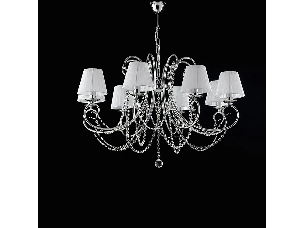 Lampadario Shabby Chic Magda Metallo E Cristallo Cromo 8 Luci E14 Con Paralume