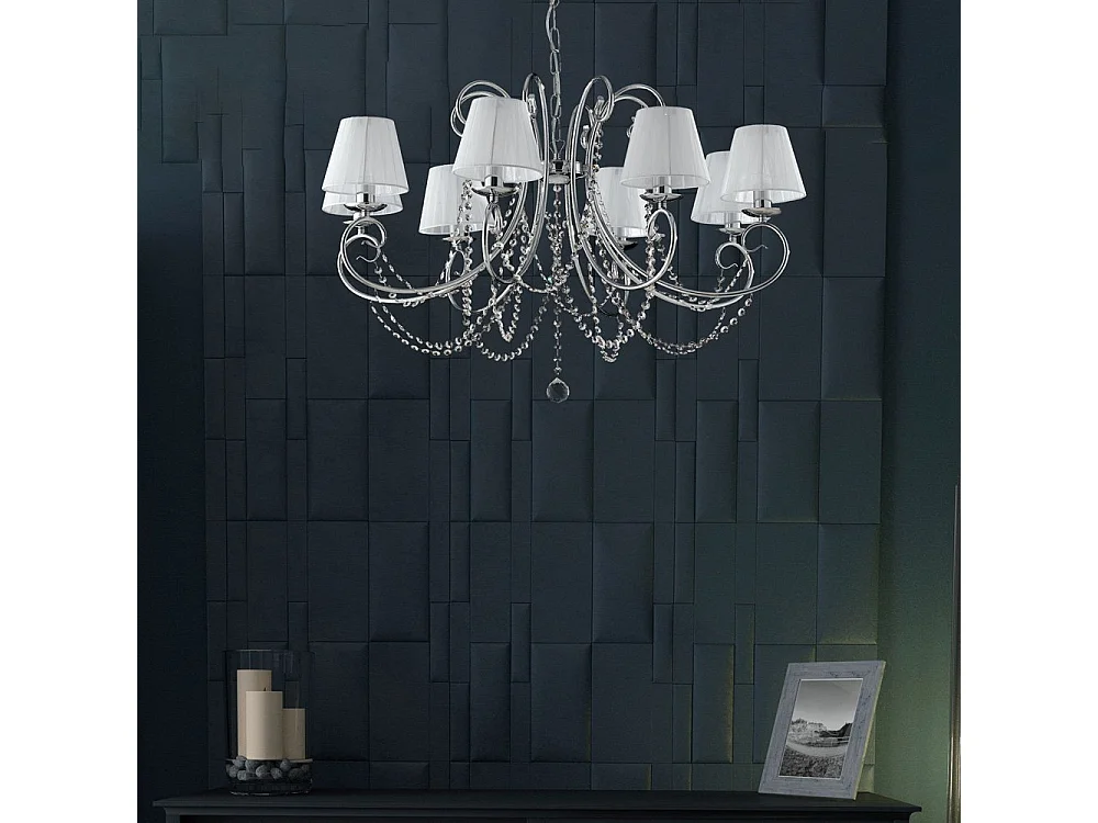 Lampadario Shabby Chic Magda Metallo E Cristallo Cromo 8 Luci E14 Con Paralume