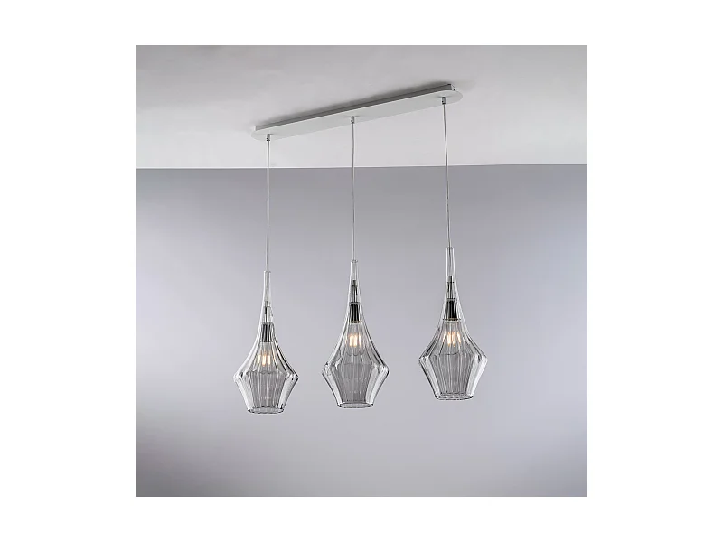 Zeus – Eisenschiene mit Pyrex-Grauglas, 3 Lichter, L. 75 x 10 – BL270-BIN3-GR