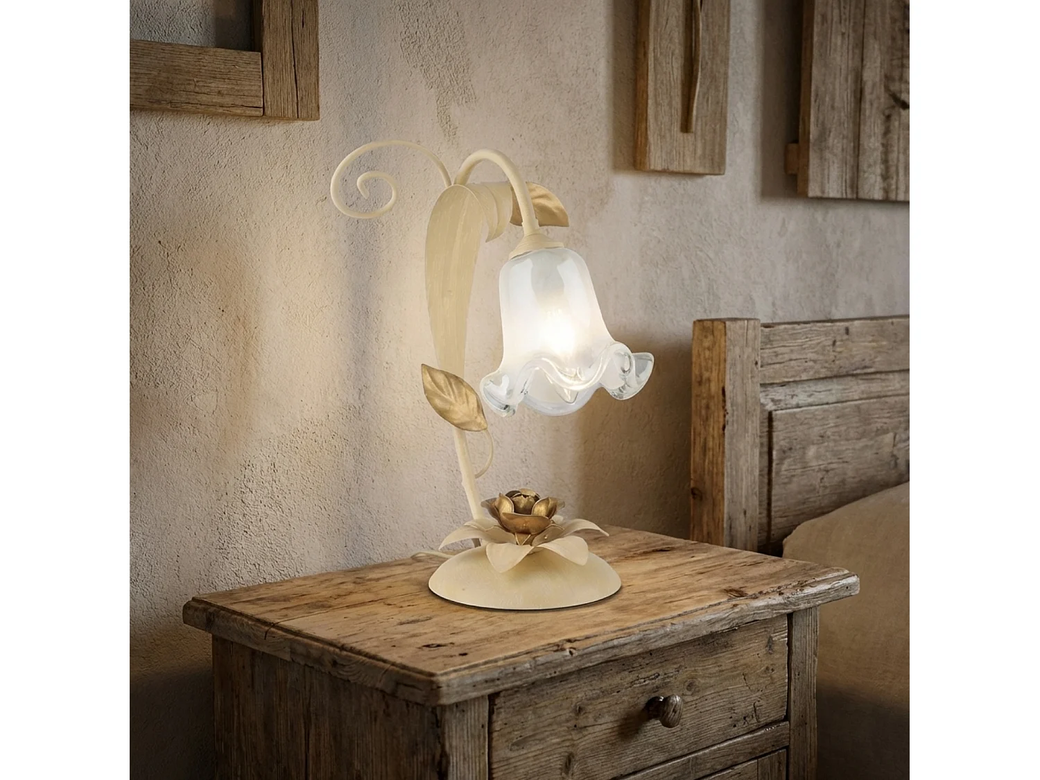 Cesto - Tischlampe aus elfenbeinfarben gebeiztem und lackiertem Eisen, 1 Licht H.34 - Ø25 - BL274-LT-AV