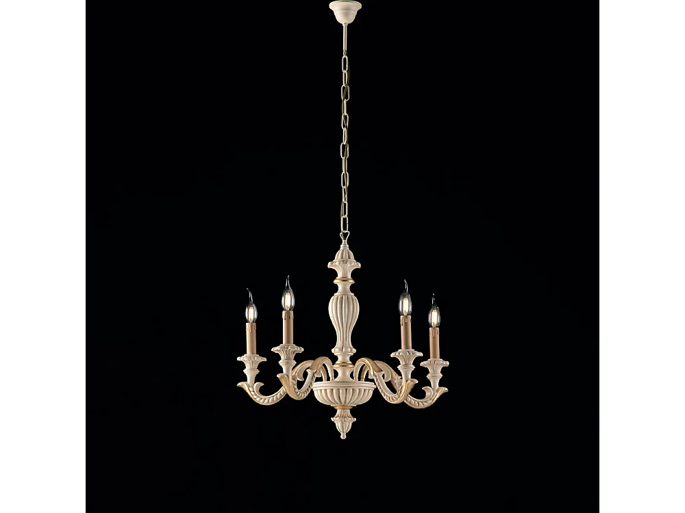 Lampadario Shabby Chic Leonardo Legno Avorio Oro 5 Luci E14