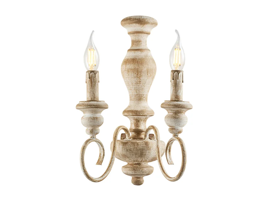 Kinkiet Cascina z drewna i żelaza, w kolorze białym i gołębiej szarości, 2 światła, .25 P.18 BL265-AP2-BT