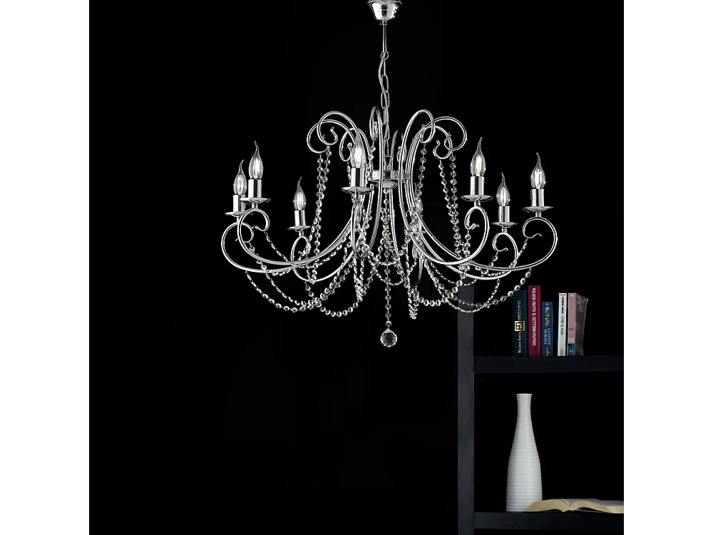 Lampadario Shabby Chic Magda Metallo E Cristallo Cromo E Cristallo 8 Luci E14