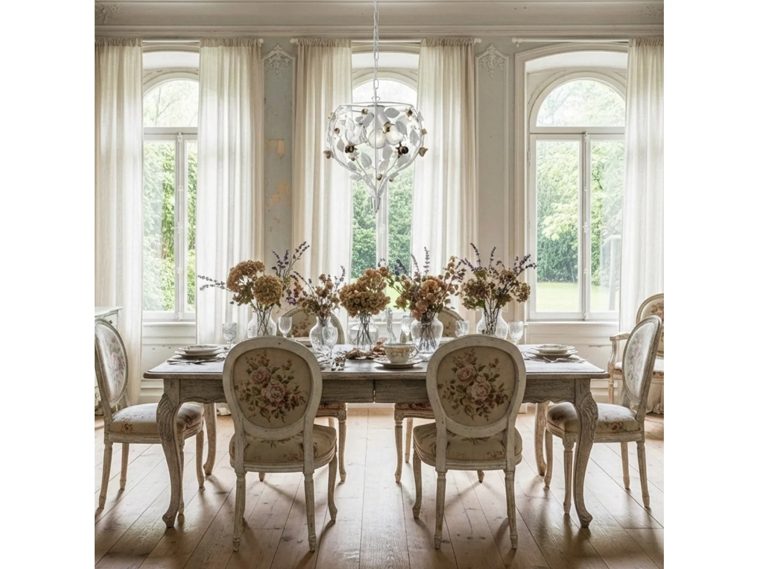 Beautiful shabby chic white lacquered iron chandelier 3 lights 113 Ø49 BL196-3-BCO