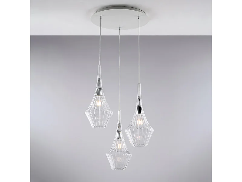 Zeus Suspension en fer et verre pyrex transparent 3 lumières 149 d.50 BL270-S3-TR