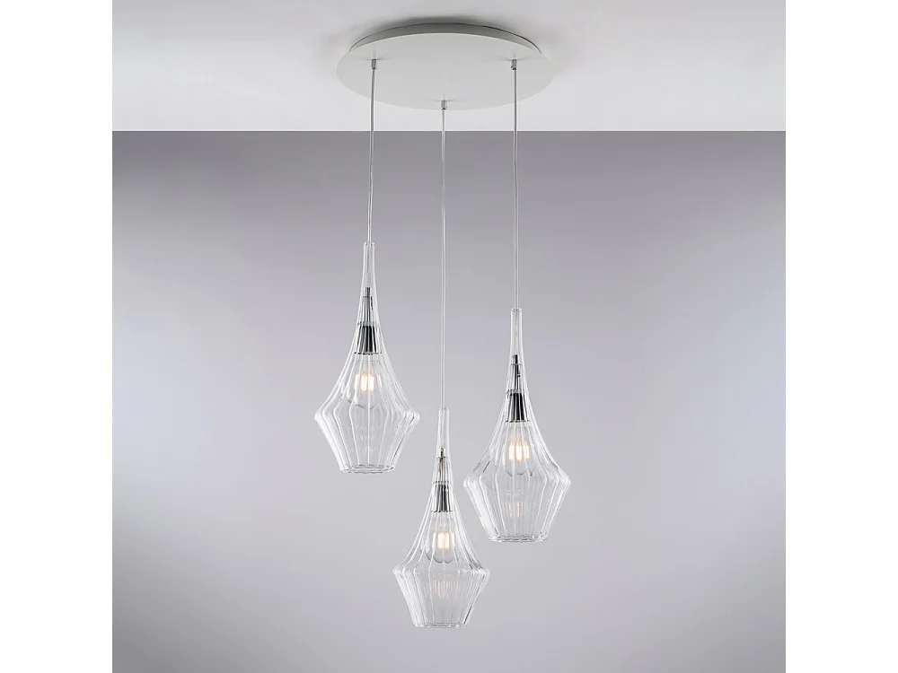 Zeus Suspension en fer et verre pyrex transparent 3 lumières 149 d.50 BL270-S3-TR