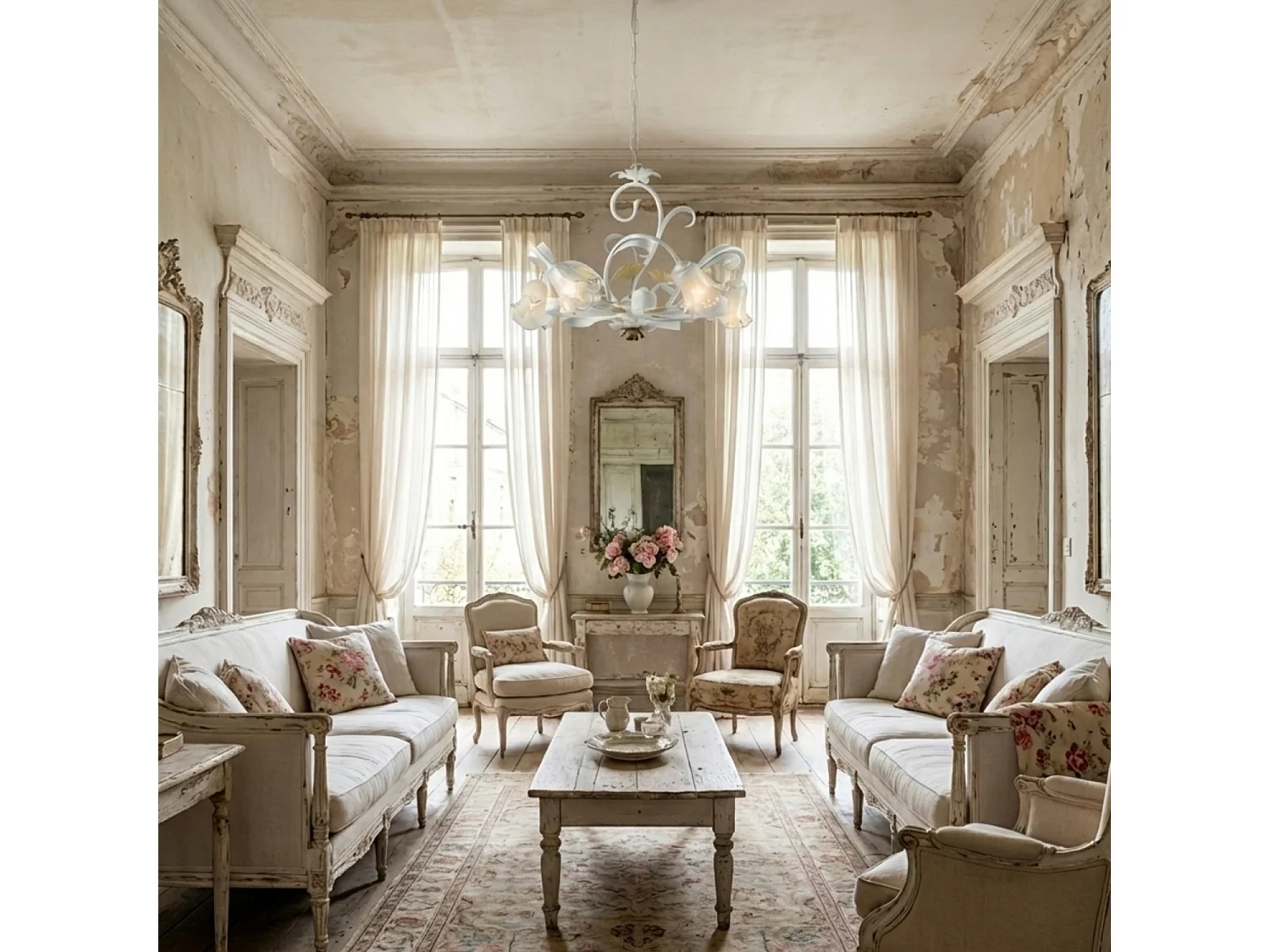 Cesto Lustre Shabby en fer laqué blanc 5 lumières 142 d.65 BL274-5-BCO