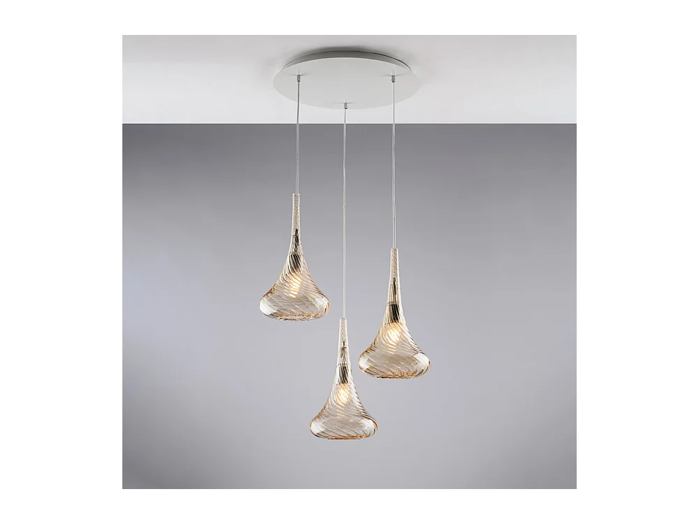 Nemesi Sospensione in ferro con vetri ambra pyrex 3 luci 141 Ø50 BL280-S3-AM