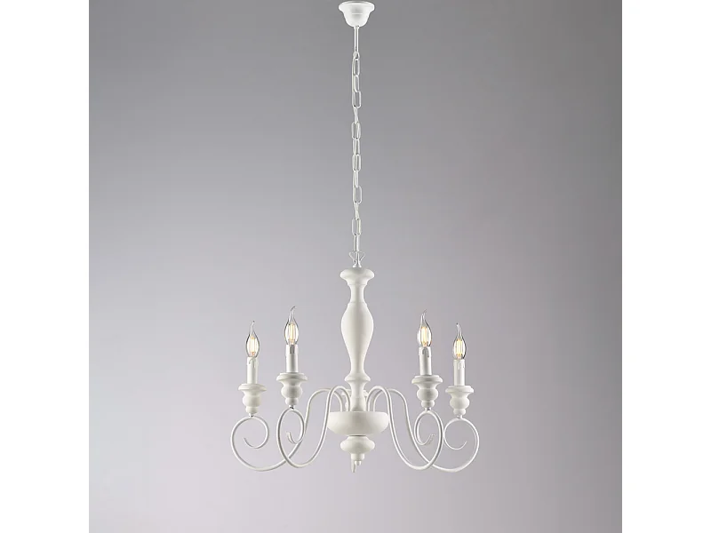 Cascina Lustre Shabby en bois laqué blanc et fer 5 lumières 115 d.60 BL265-5-BCO