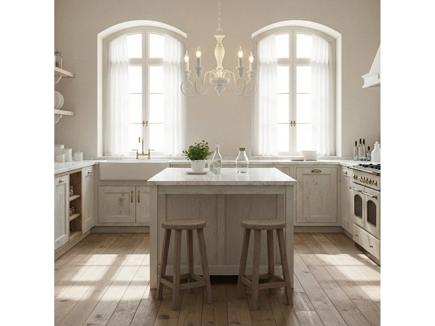 Cascina Chandelier in wood and white lacquered iron shabby 5 lights 115 Ø60 BL265-5-BCO