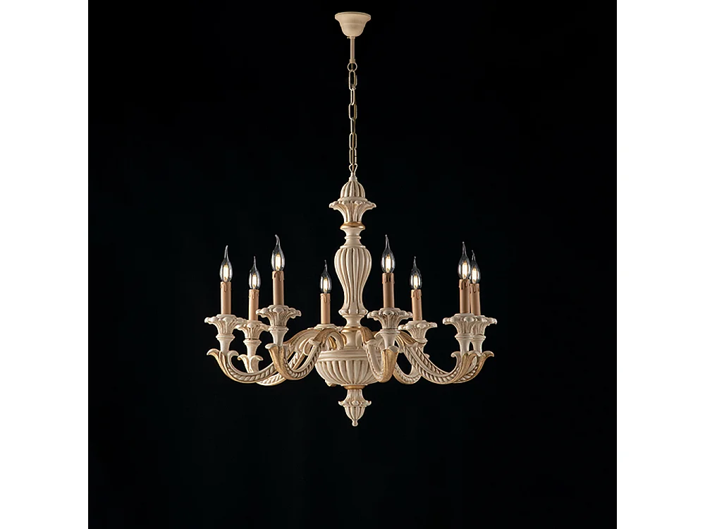 Lampadario Shabby Chic Leonardo Legno Avorio Oro 8 Luci E14