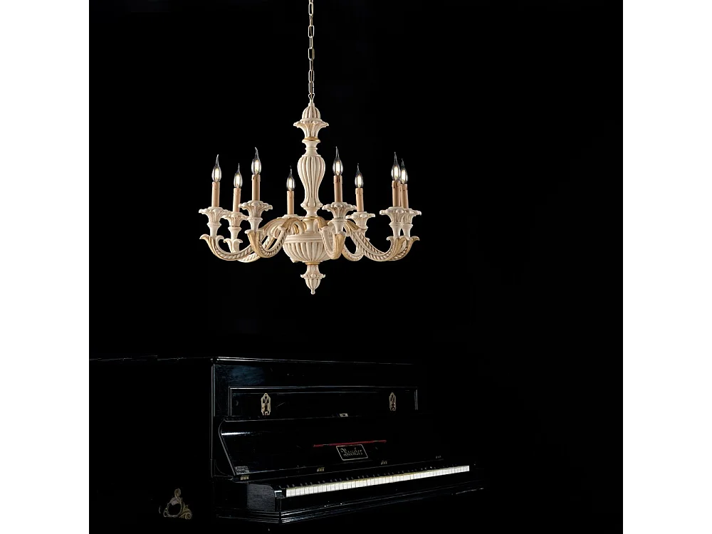 Lampadario Shabby Chic Leonardo Legno Avorio Oro 8 Luci E14