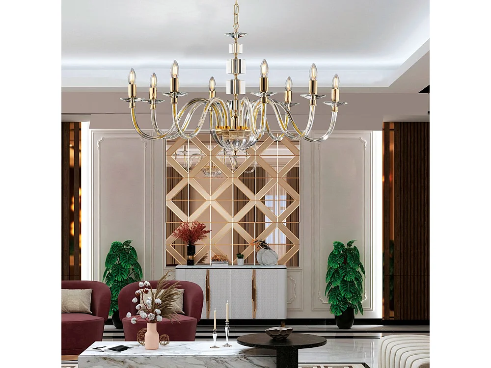 Lustre Franz Gold com Vidro Transparente e Strass 8 Luzes 116 Ø96 BL275-8-OR
