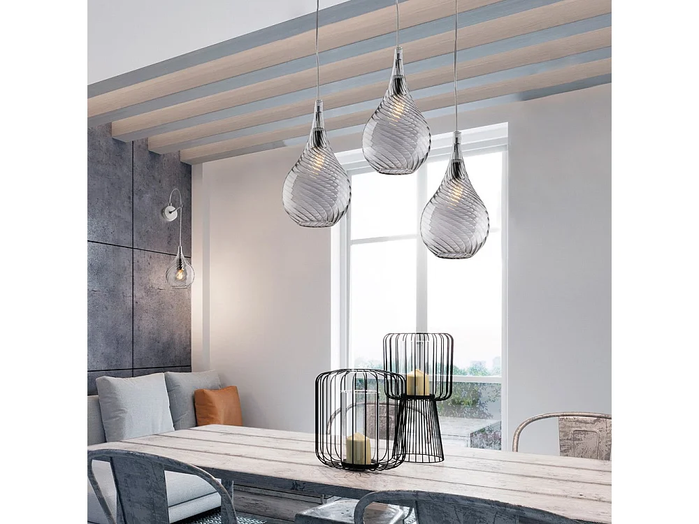 Pluvia - Eisenaufhängung mit Pyrex-Grauglas 3 Lichter 141 - Ø50 - BL264-S3-GR