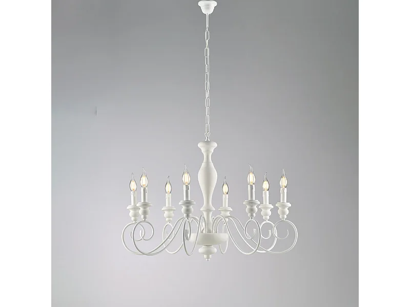 Cascina Lustre Shabby en bois laqué blanc et fer 8 lumières 121 d.82 BL265-8-BCO